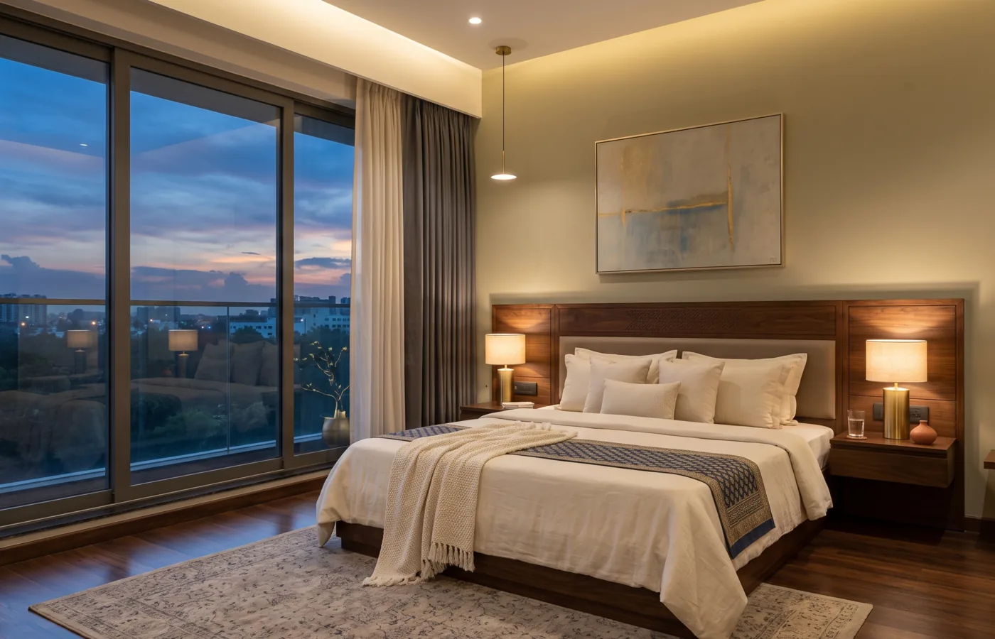 Master bedroom with dusk view and warm cove lighting