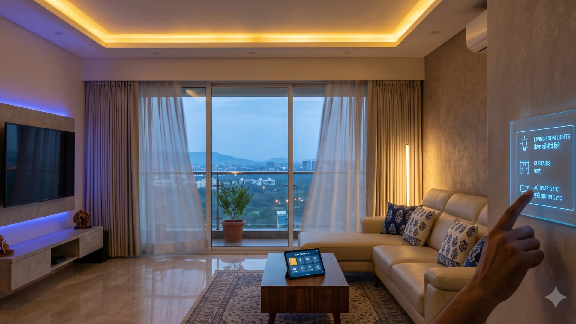 Smart home control panel with app dashboard and connected lighting