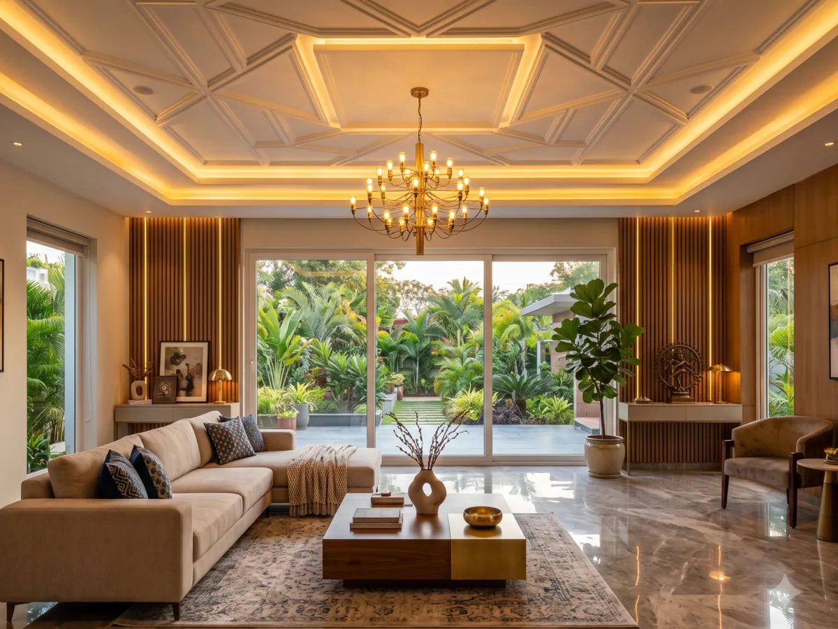 Opulent Lonavala resort lounge with brass chandelier and marble flooring